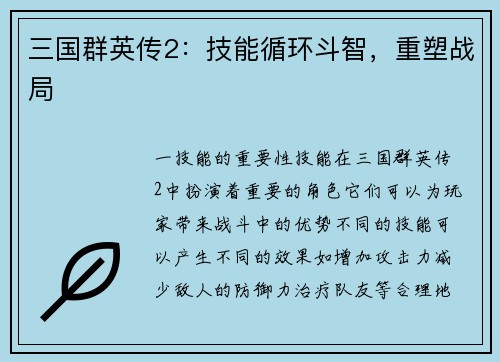 三国群英传2：技能循环斗智，重塑战局